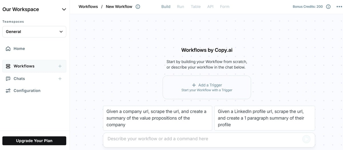 Copy.ai's interface for marketing content writing and repurposing